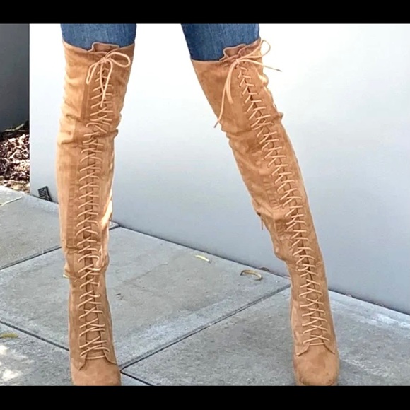 Tan suede lace up thigh high boots - Picture 1 of 8